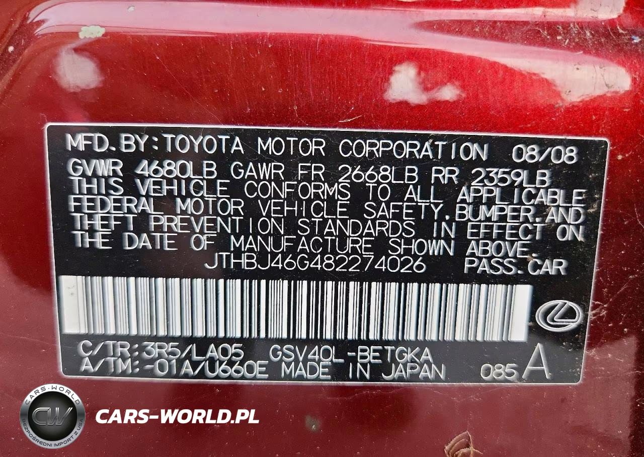2008 Lexus Es 350 VIN:JTHBJ46G482274026 - 12
