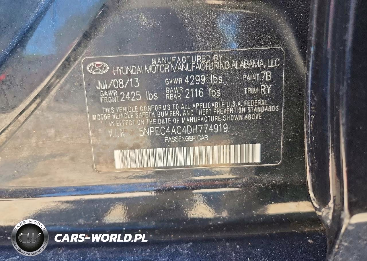 2013 Hyundai Sonata Se VIN:5NPEC4AC4DH774919 - 12