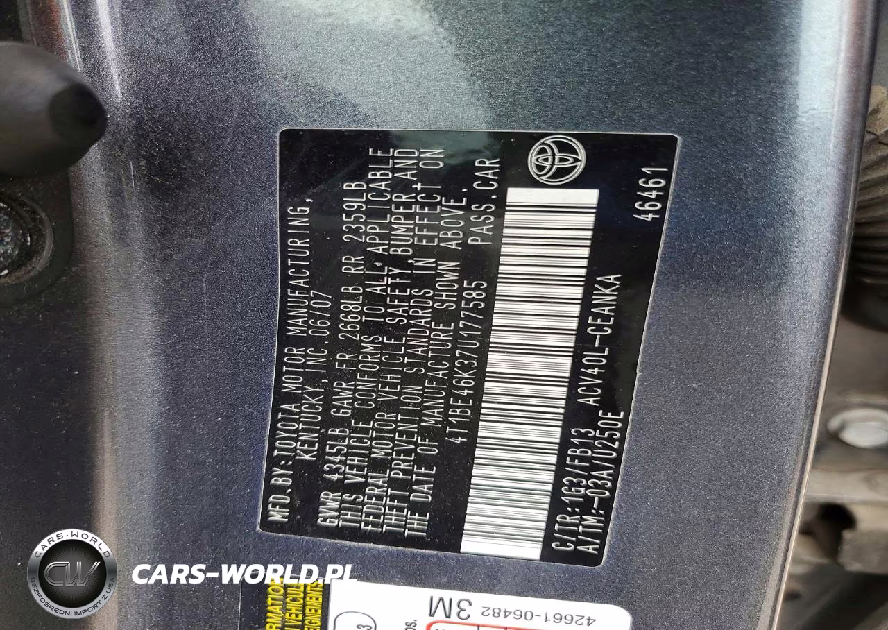 2007 Toyota Camry Le VIN:4T1BE46K37U177585 - 12