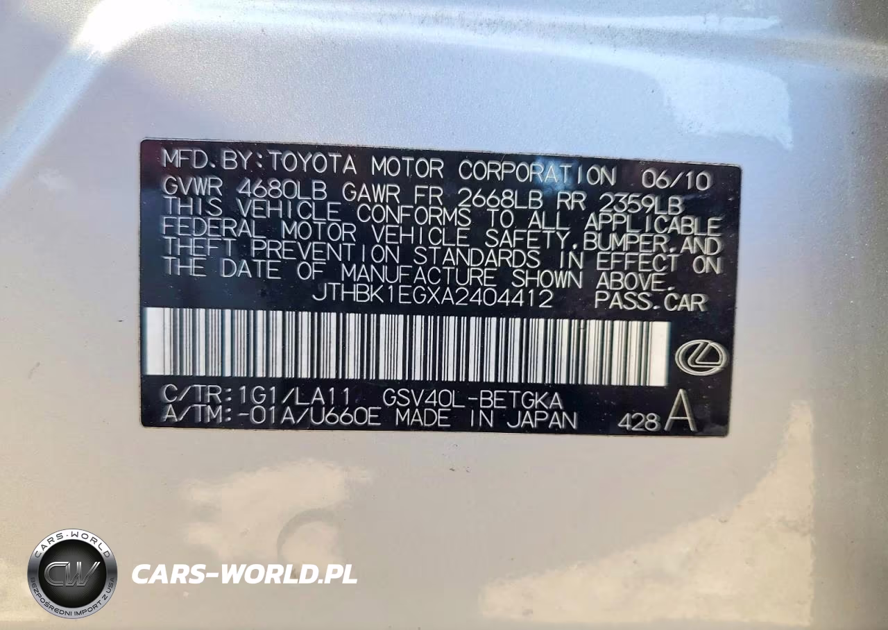 2010 Lexus Es 350 VIN:JTHBK1EGXA2404412 - 12