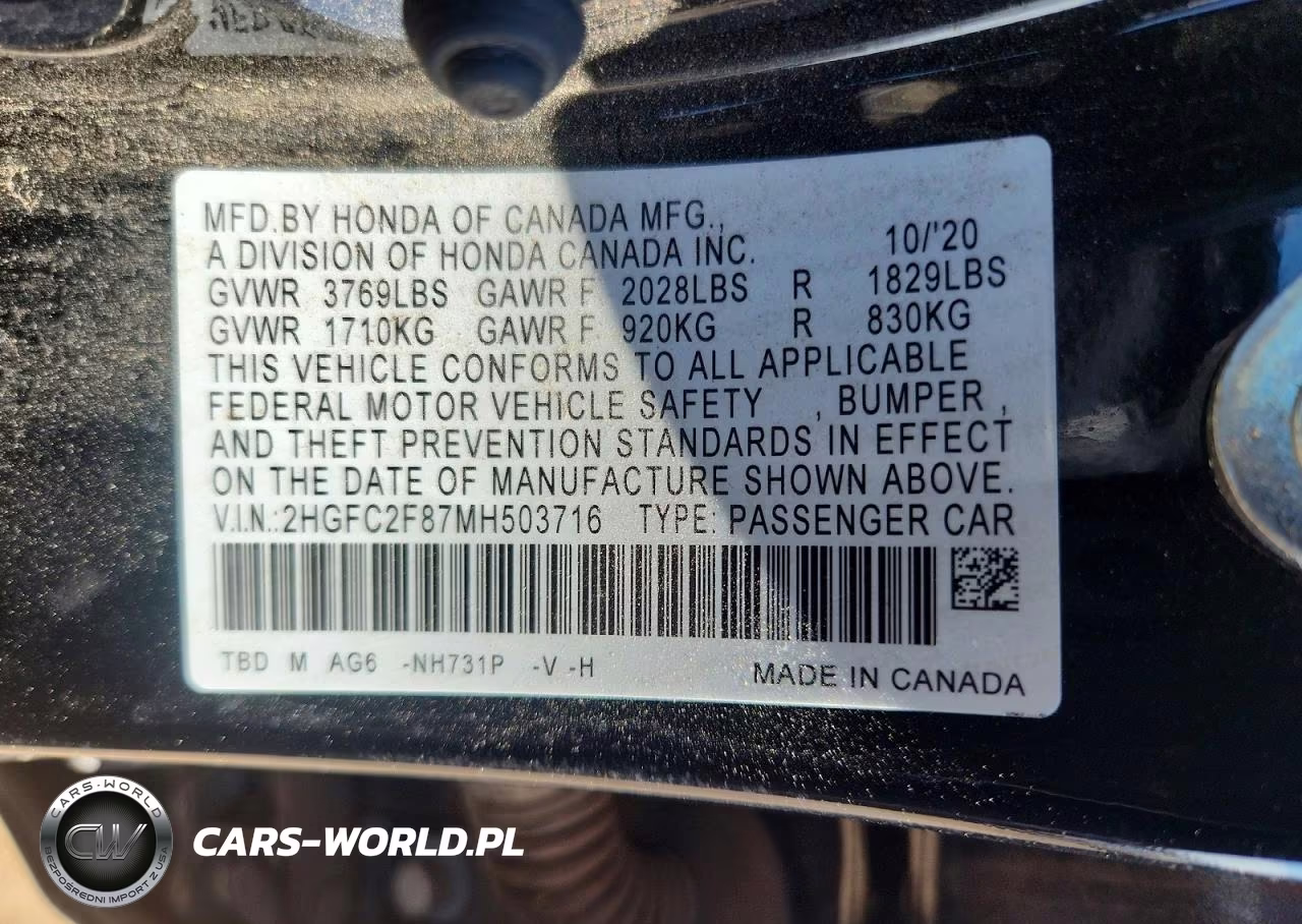 2021 Honda Civic Sport VIN:2HGFC2F87MH503716 - 12