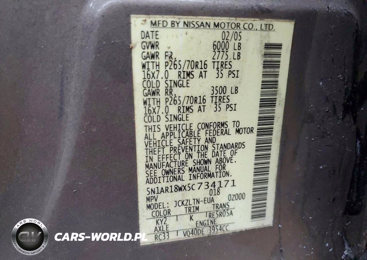 2005 Nissan Pathfinder Xe VIN:5N1AR18WX5C734171 - 13