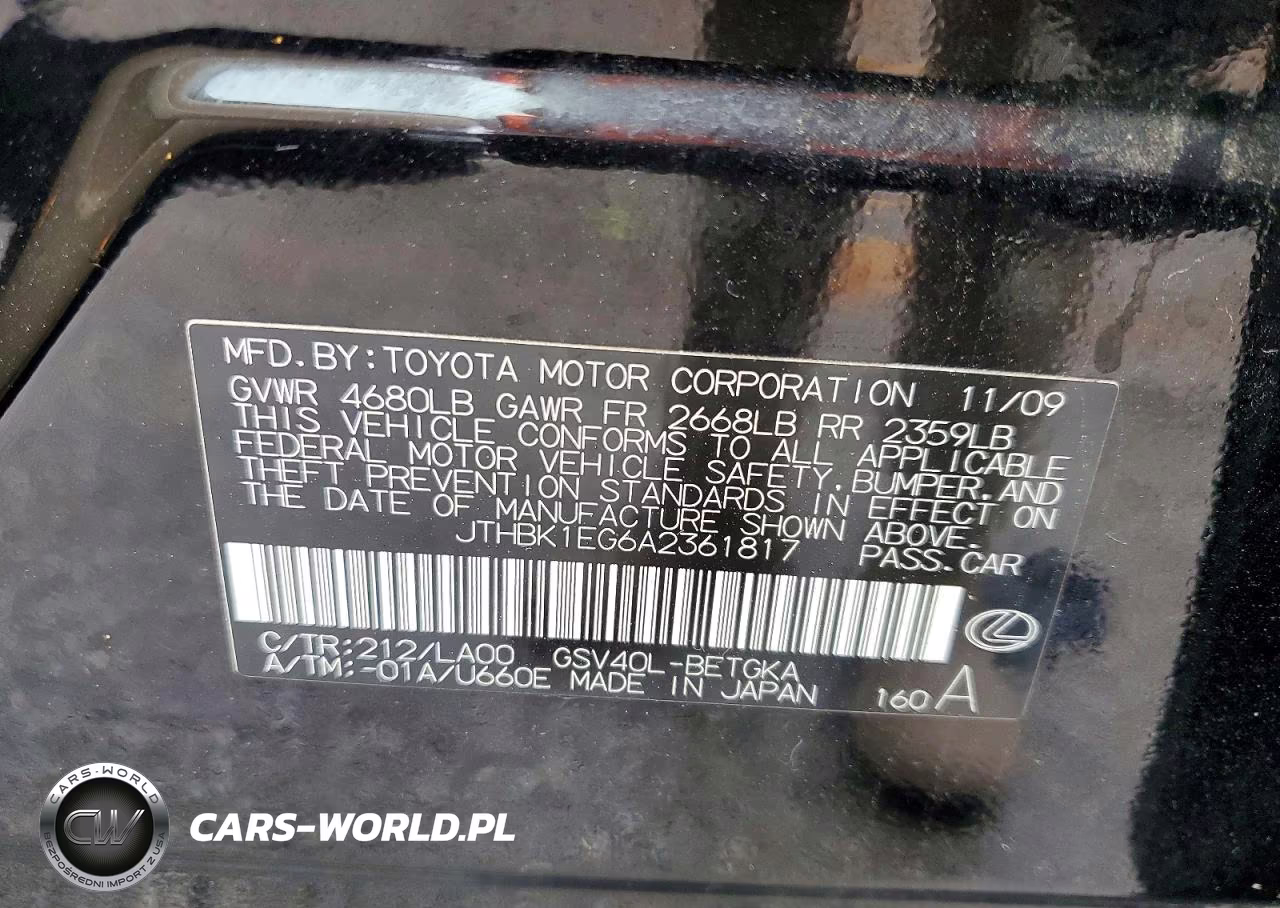 2010 Lexus Es 350 VIN:JTHBK1EG6A2361817 - 12