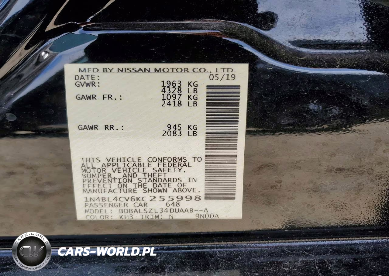 2019 Nissan Altima Sr VIN:1N4BL4CV6KC255998 - 12