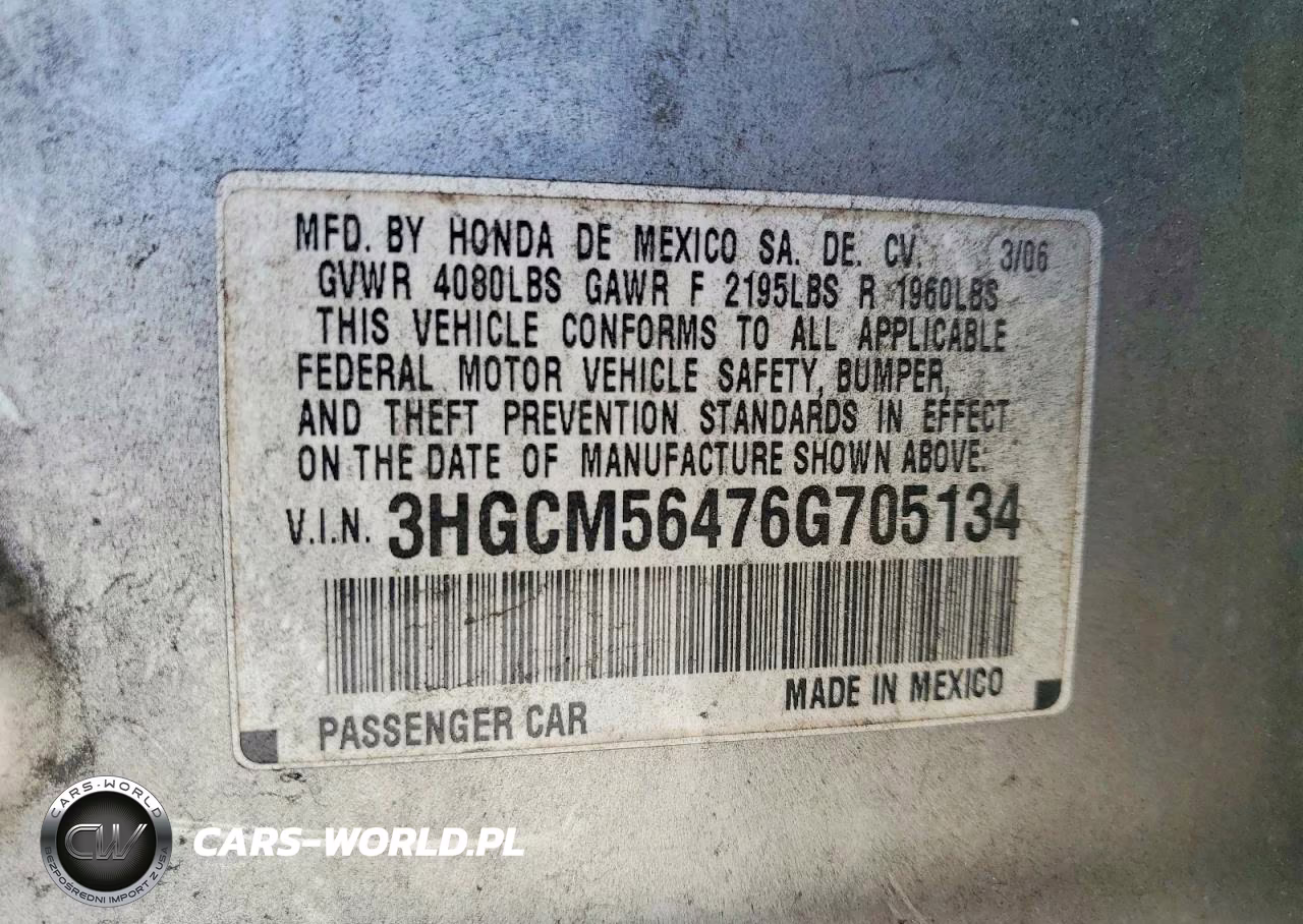 2006 Honda Accord Lx VIN:3HGCM56476G705134 - 12