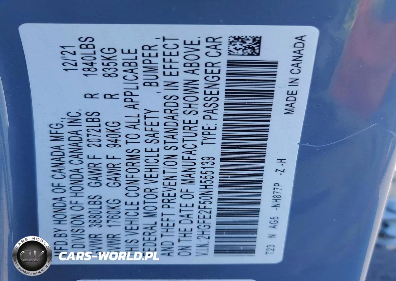 2022 Honda Civic Sport VIN:2HGFE2F50NH555139 - 13