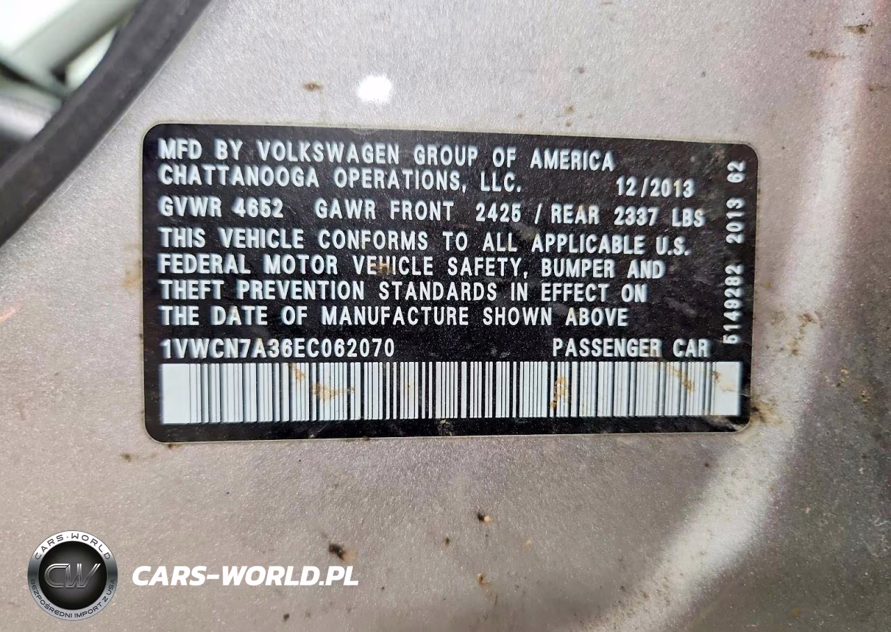2014 Volkswagen Passat Sel VIN:1VWCN7A36EC062070 - 12