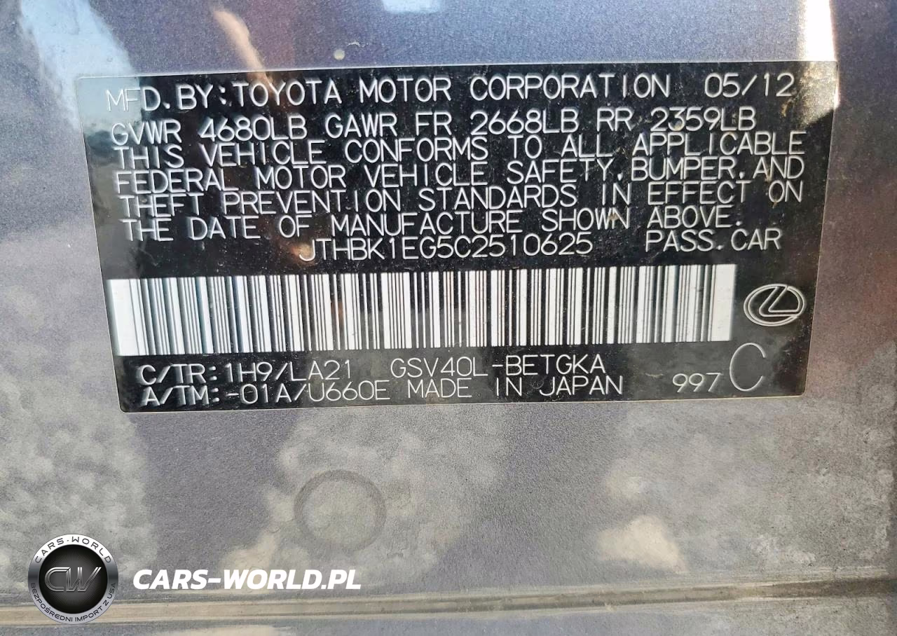 2012 Lexus Es 350 VIN:JTHBK1EG5C2510625 - 12