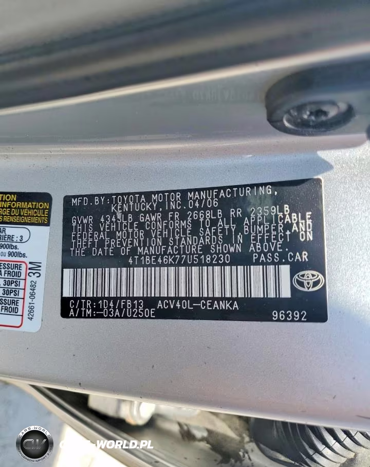 2007 Toyota Camry Le Automatic VIN:4T1BE46K77U518230 - 12