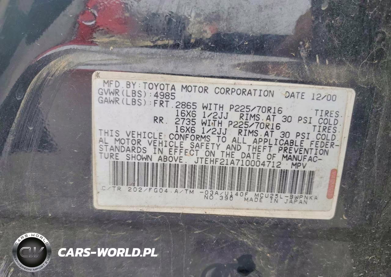2001 Toyota Highlander Base VIN:JTEHF21A710004712 - 12