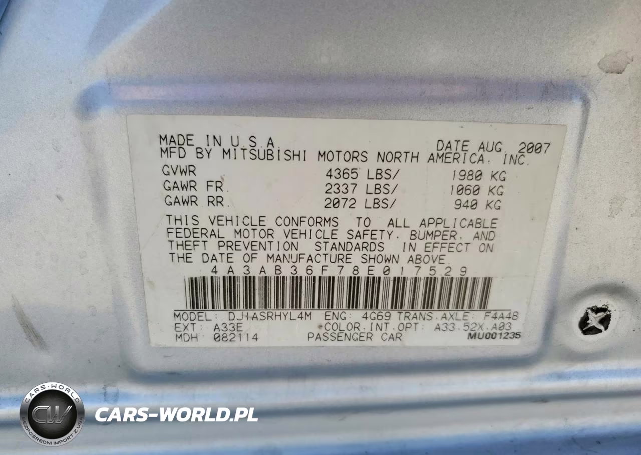 2008 Mitsubishi Galant Es VIN:4A3AB36F78E017529 - 12