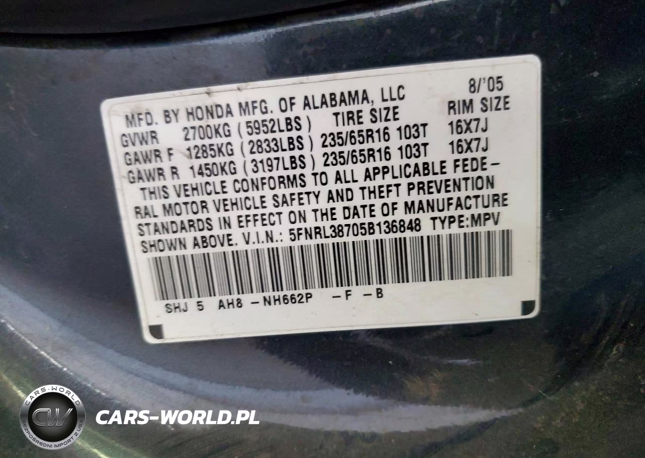 2005 Honda Odyssey Exl VIN:5FNRL38705B136848 - 13