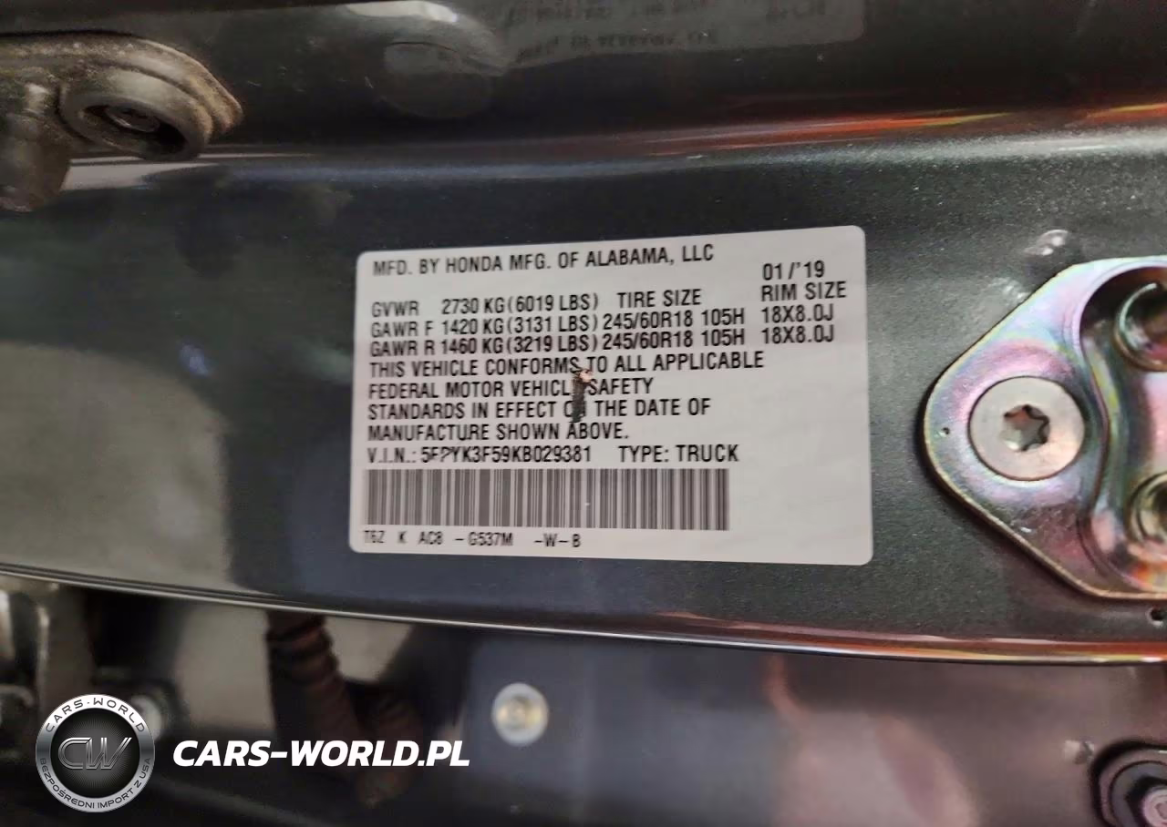 2019 Honda Ridgeline Rtl VIN:5FPYK3F59KB029381 - 12