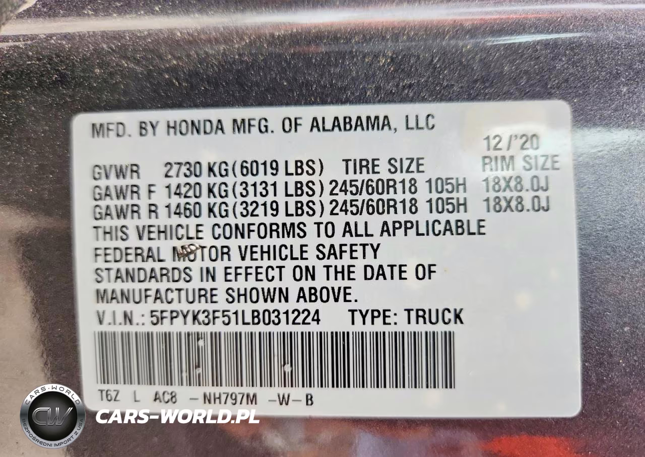 2020 Honda Ridgeline Rtl VIN:5FPYK3F51LB031224 - 12
