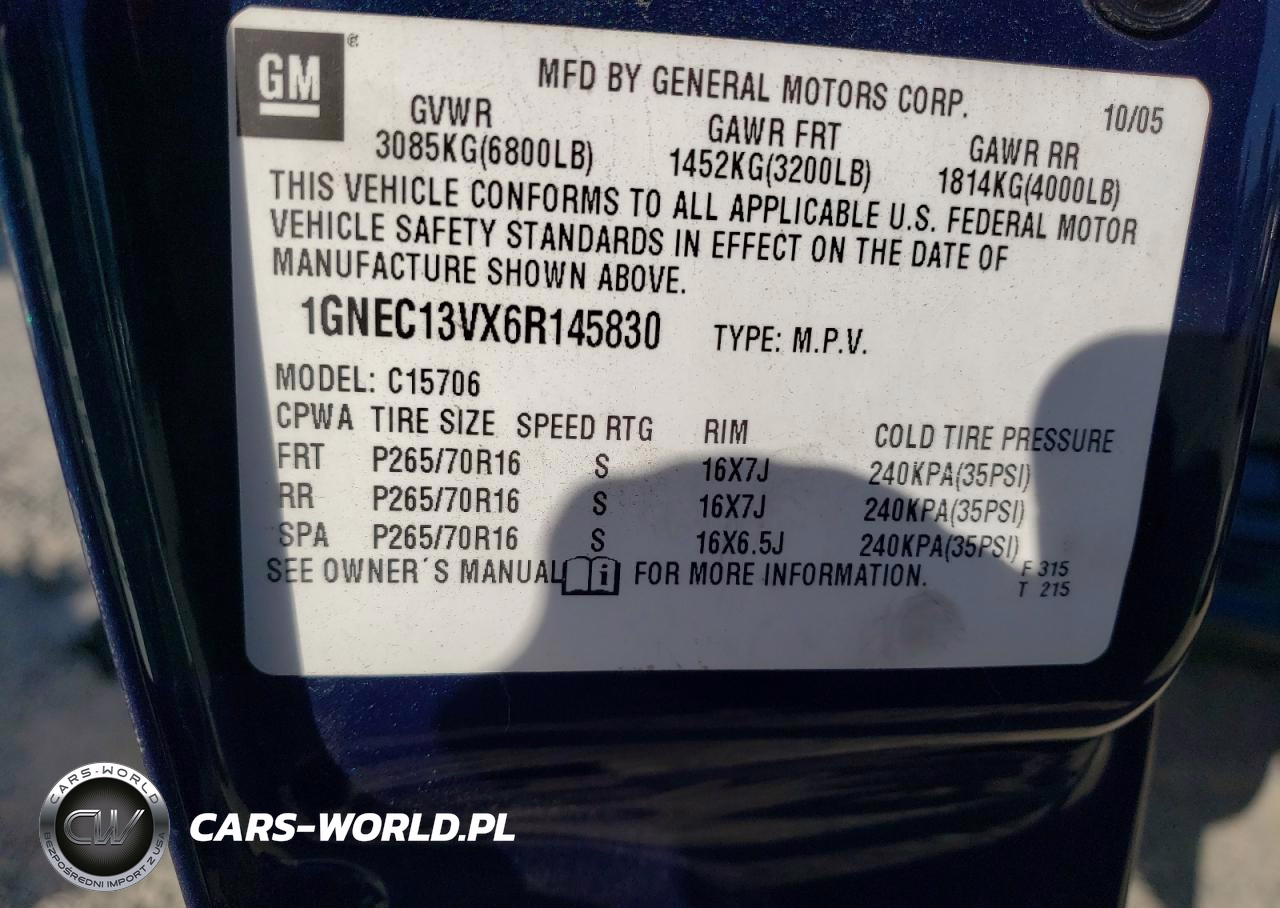 2006 Chevrolet Tahoe C1500 VIN:1GNEC13VX6R145830 - 13