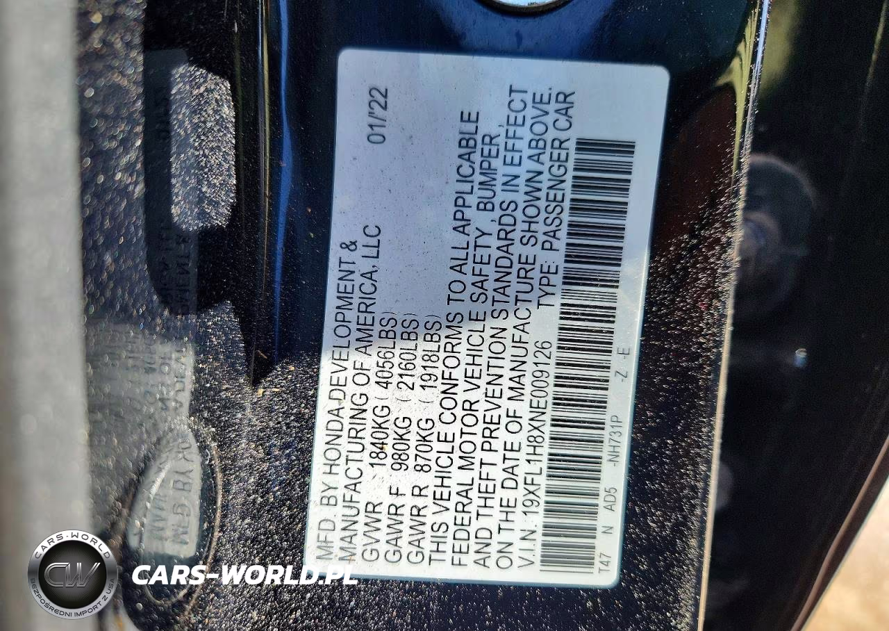 2022 Honda Civic Sport Touring VIN:19XFL1H8XNE009126 - 12