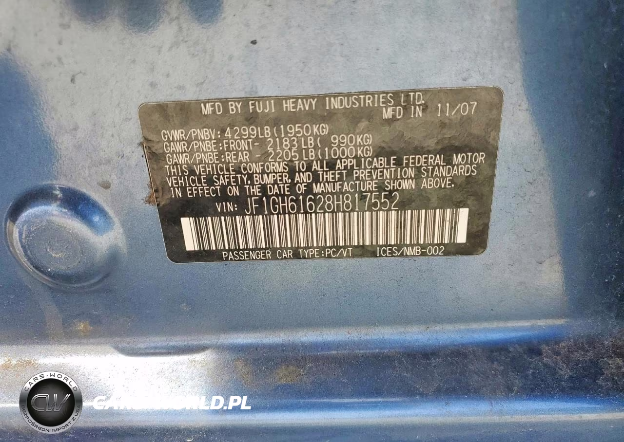 2008 Subaru Impreza 2.5I VIN:JF1GH61628H817552 - 12