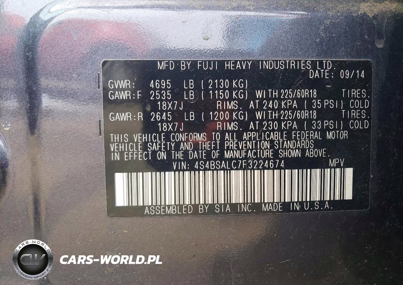 2015 Subaru Outback 2.5I Limited VIN:4S4BSALC7F3224674 - 13