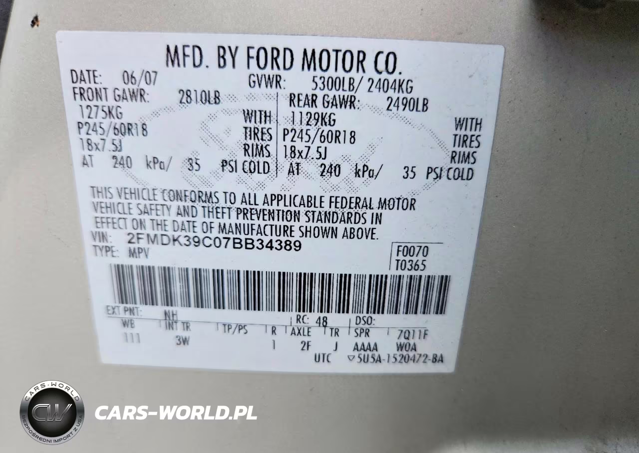 2007 Ford Edge Sel Plus VIN:2FMDK39C07BB34389 - 12