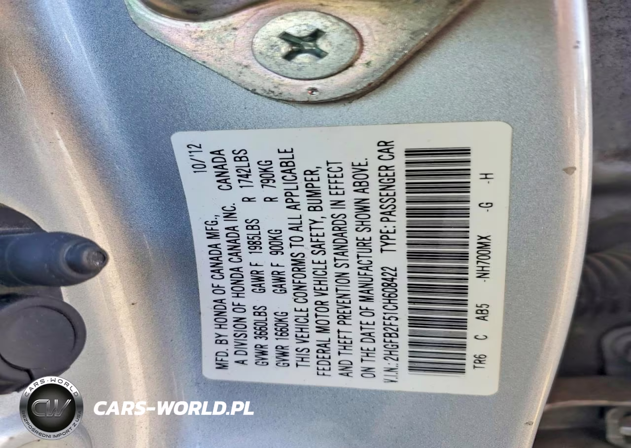 2012 Honda Civic 4D Lx VIN:2HGFB2F51CH608422 - 12