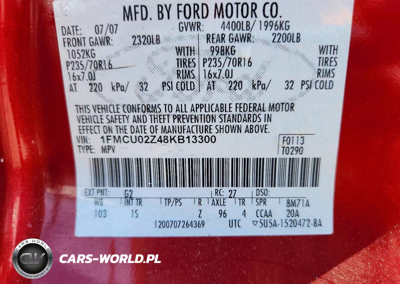 2008 Ford Escape Xls VIN:1FMCU02Z48KB13300 - 13