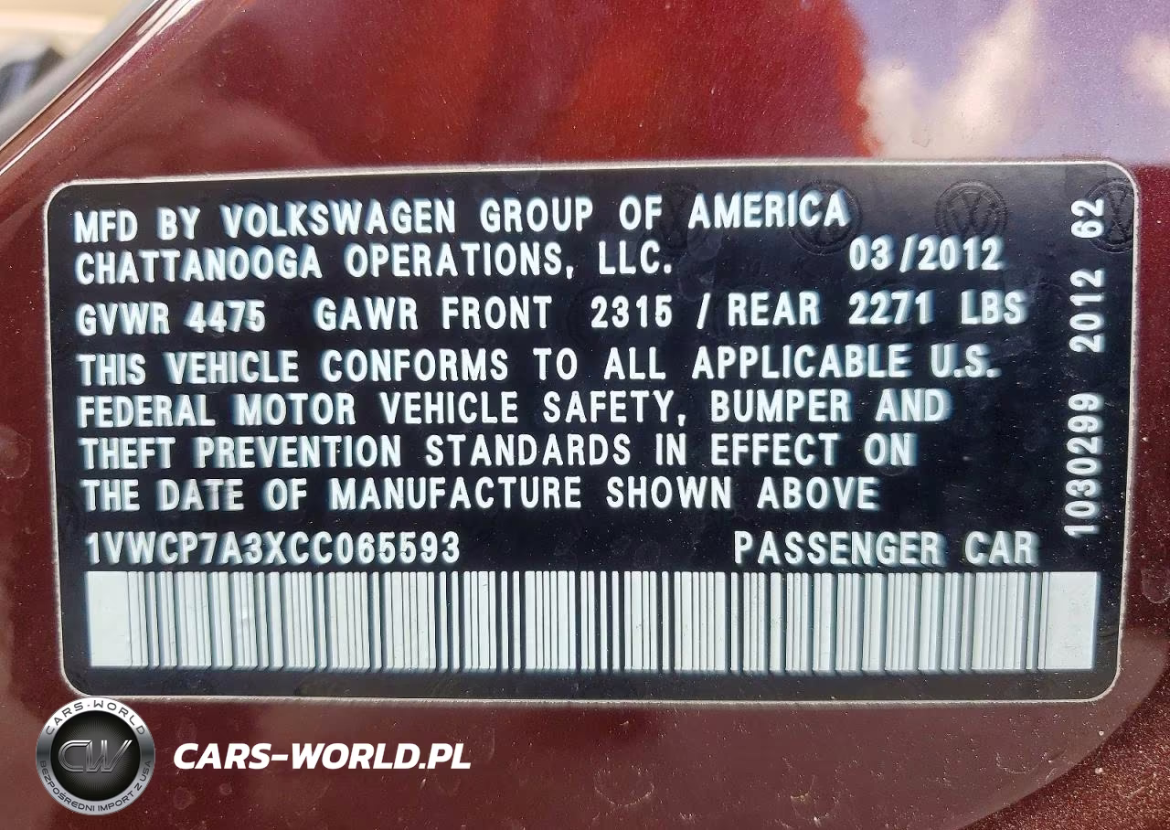 2012 Volkswagen Passat Sel VIN:1VWCP7A3XCC065593 - 12