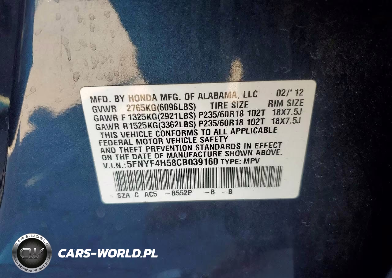 2012 Honda Pilot Exl VIN:5FNYF4H58CB039160 - 12