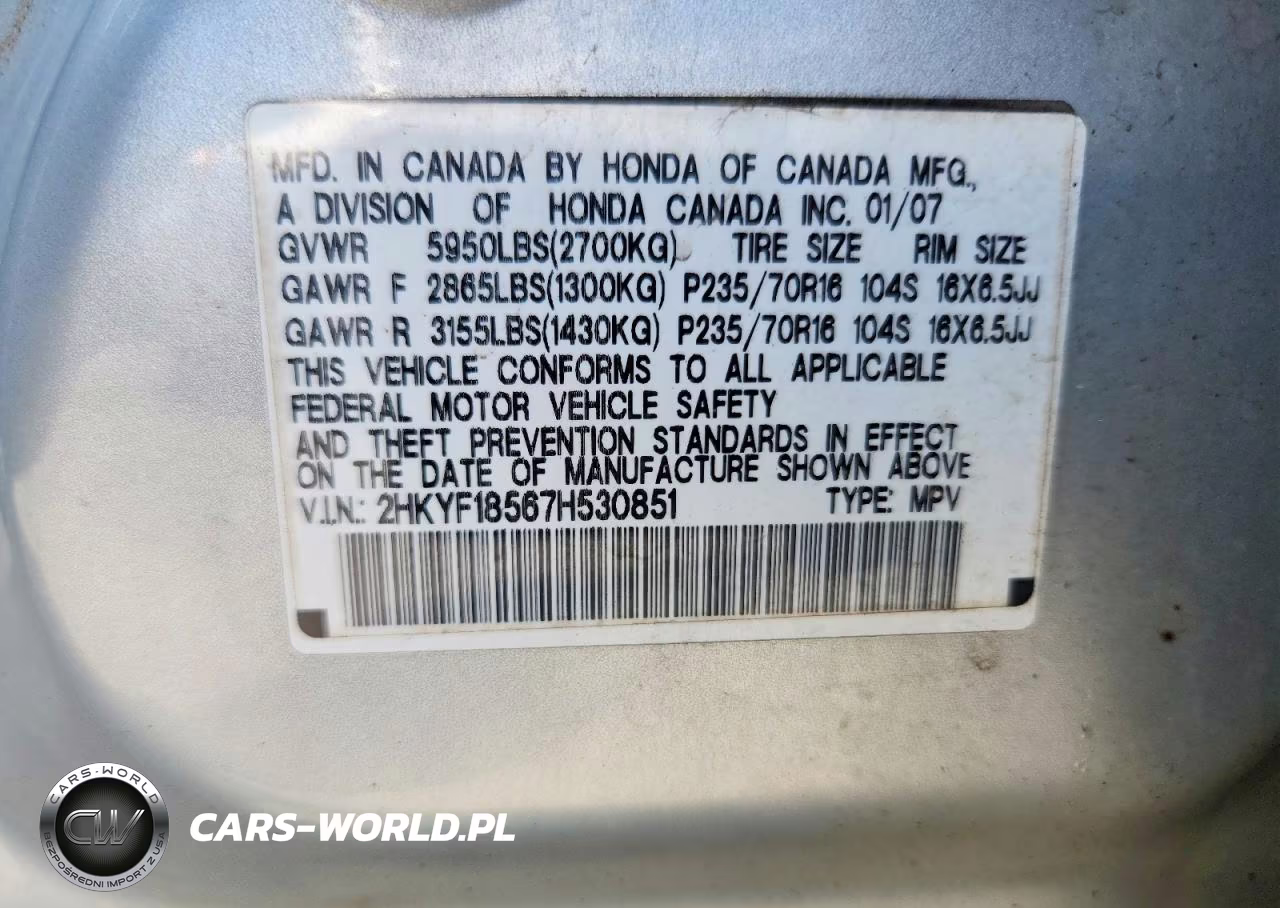 2007 Honda Pilot Exl VIN:2HKYF18567H530851 - 13