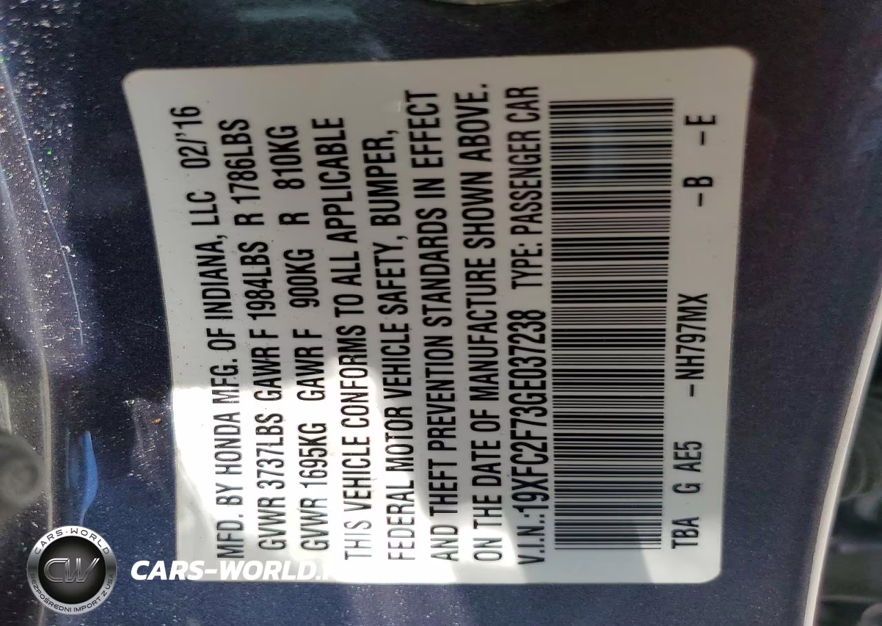 2016 Honda Civic Ex VIN:19XFC2F73GE037238 - 12