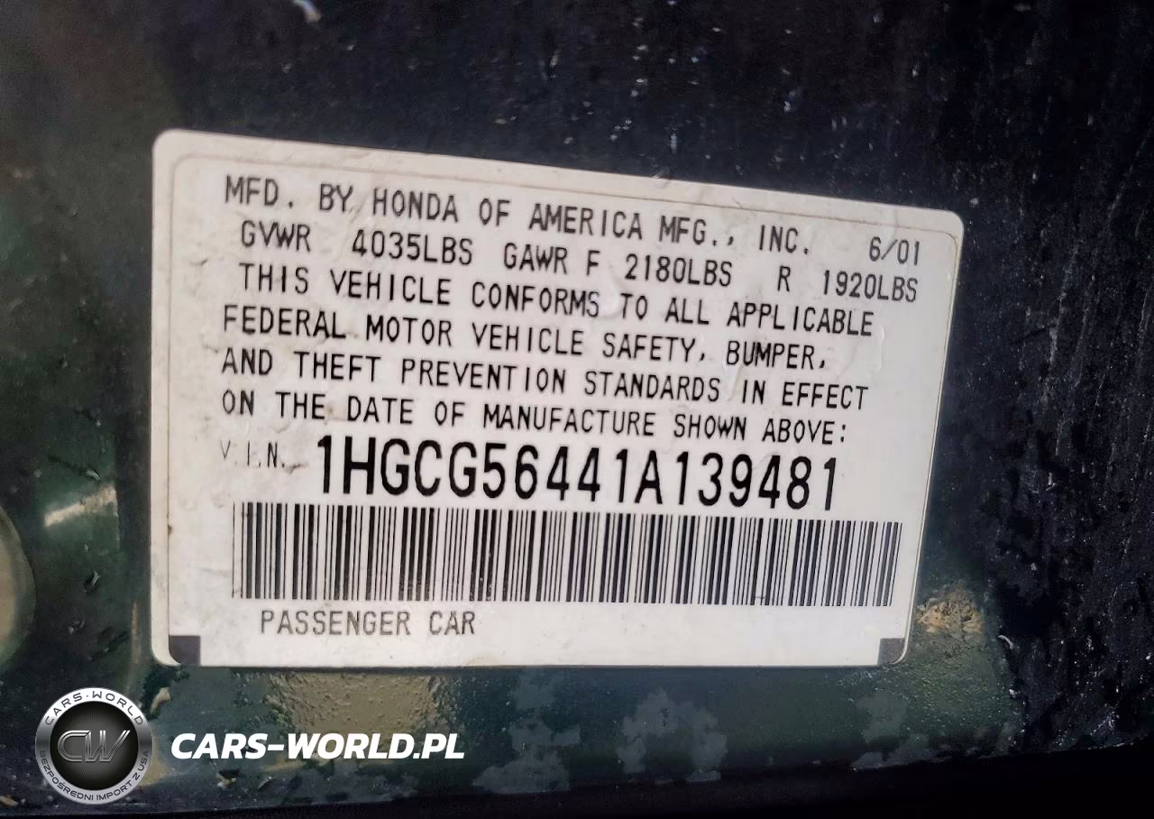 2001 Honda Accord Lx VIN:1HGCG56441A139481 - 12