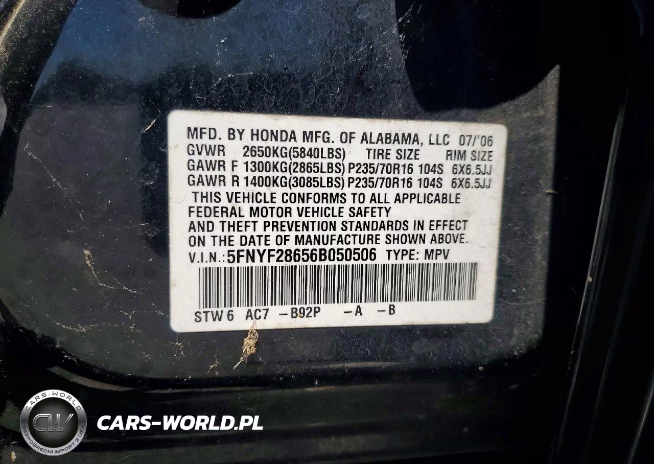 2006 Honda Pilot Ex VIN:5FNYF28656B050506 - 13
