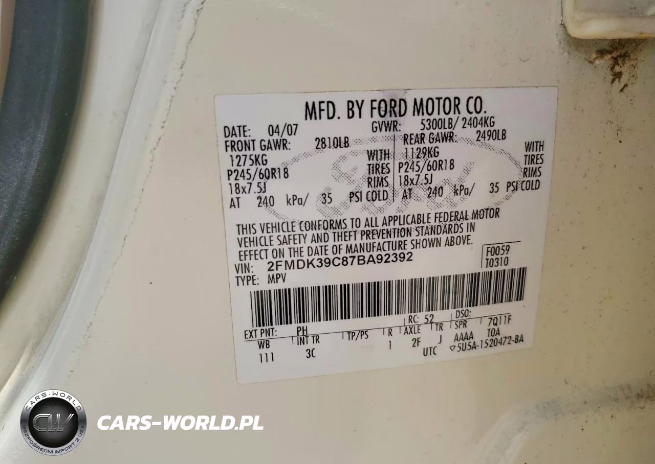 2007 Ford Edge Sel Plus VIN:2FMDK39C87BA92392 - 13