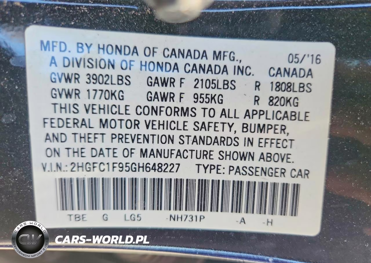 2016 Honda Civic Touring VIN:2HGFC1F95GH648227 - 12