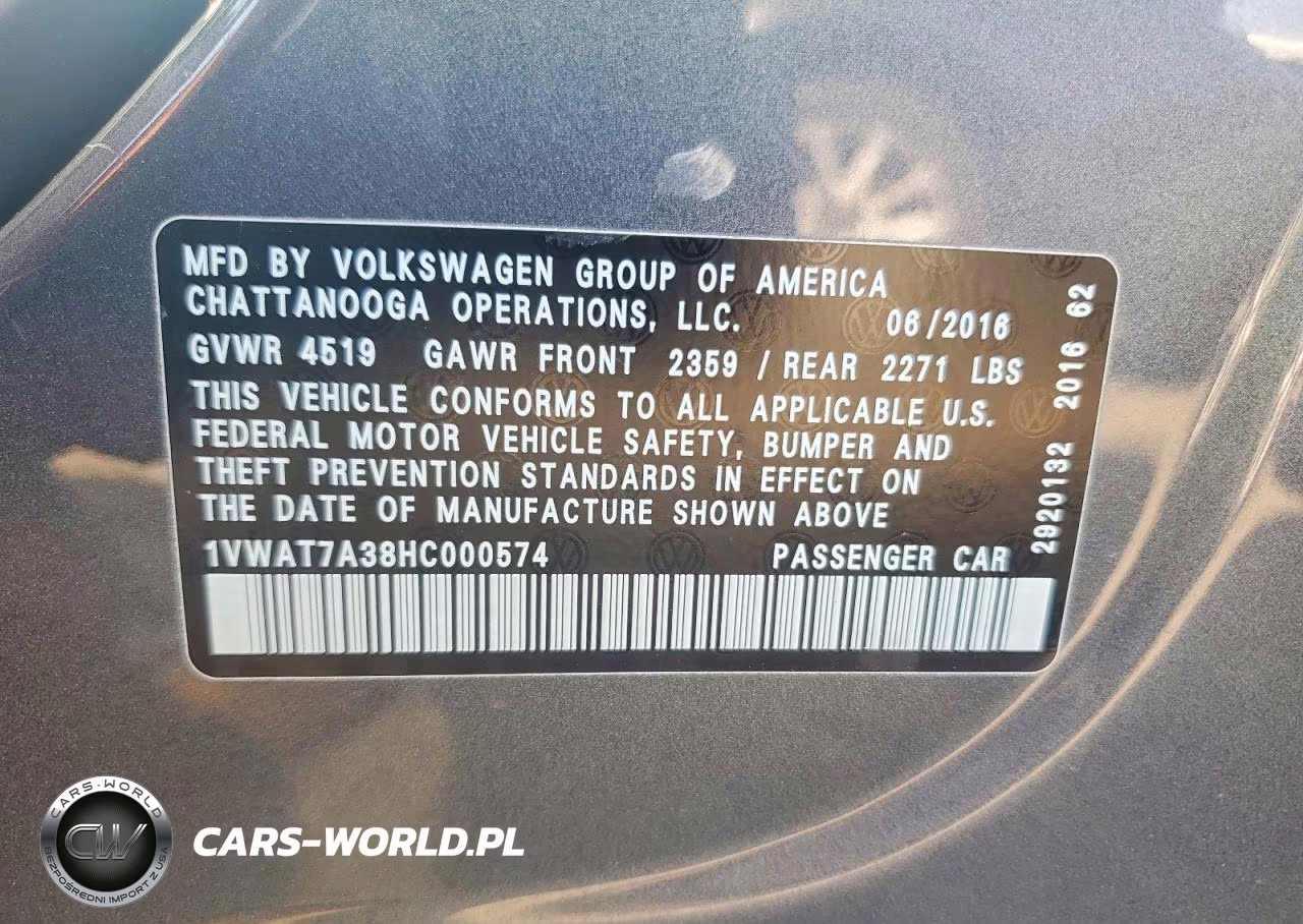 2017 Volkswagen Passat R-Line Automa VIN:1VWAT7A38HC000574 - 12