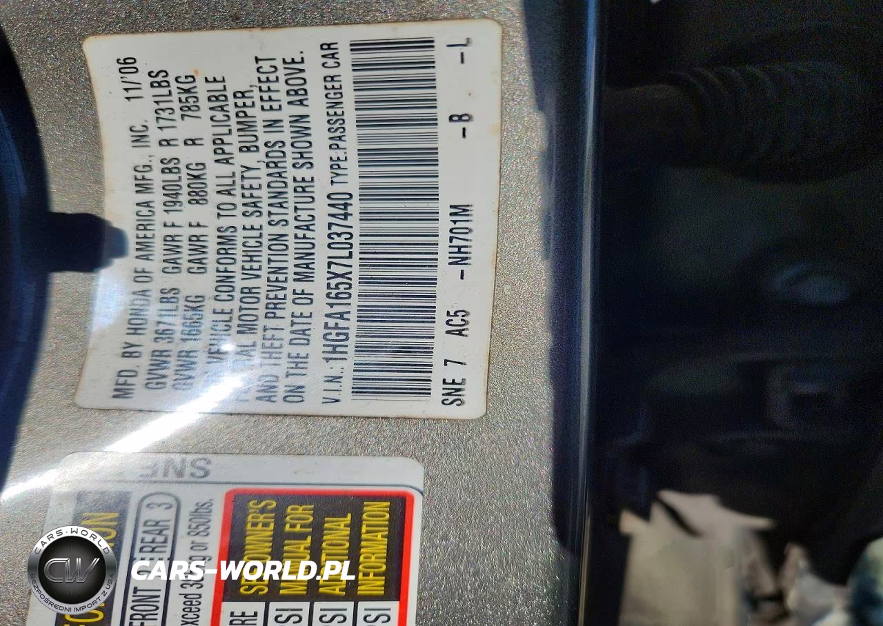2007 Honda Civic Lx VIN:1HGFA165X7L037440 - 12
