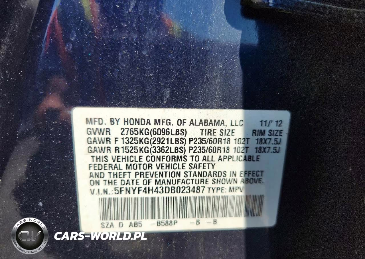 2013 Honda Pilot Ex VIN:5FNYF4H43DB023487 - 13