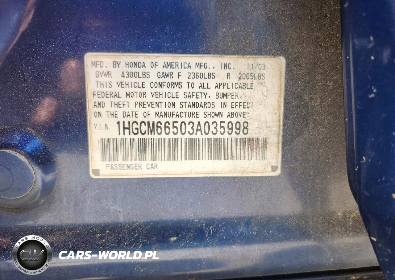 2003 Honda Accord Ex VIN:1HGCM66503A035998 - 12