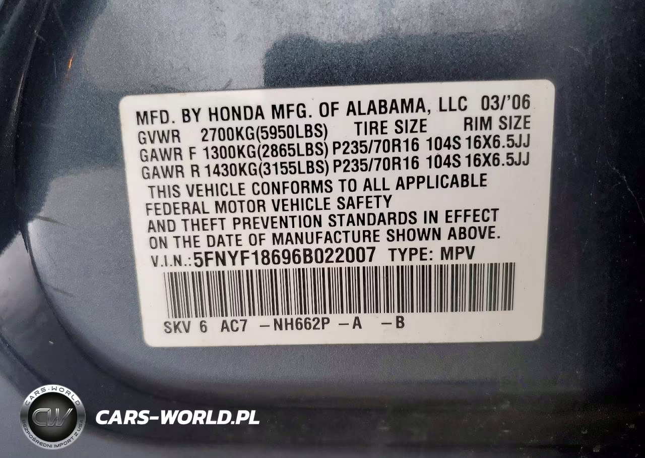 2006 Honda Pilot Ex VIN:5FNYF18696B022007 - 14