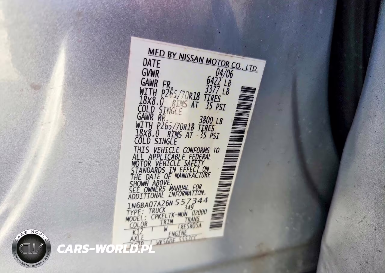 2006 Nissan Titan Xe Ffv VIN:1N6BA07A26N557344 - 12