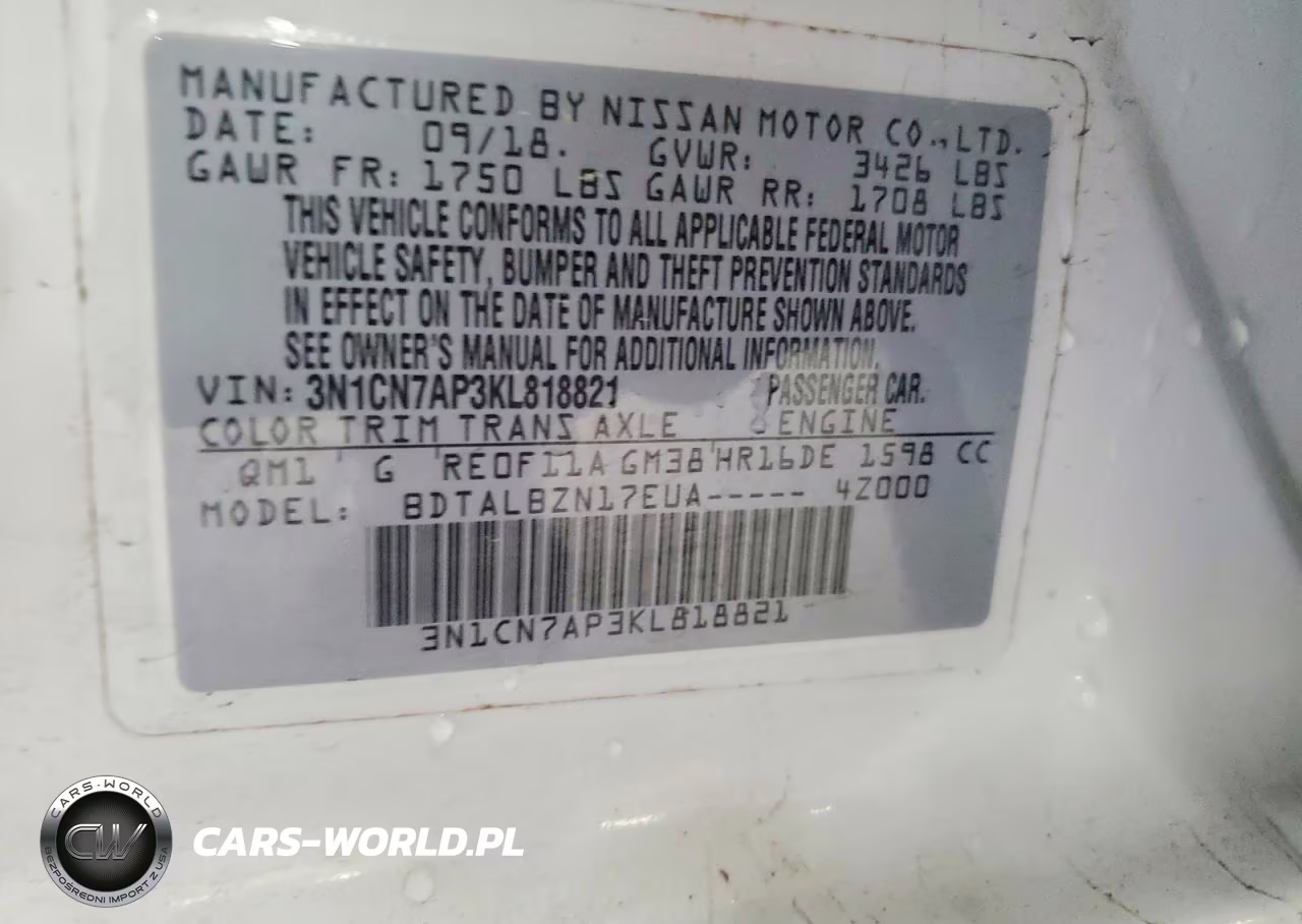 2019 Nissan Versa Sv VIN:3N1CN7AP3KL818821 - 12