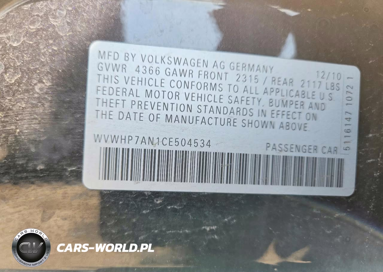 2012 Volkswagen Cc Luxury VIN:WVWHP7AN1CE504534 - 12