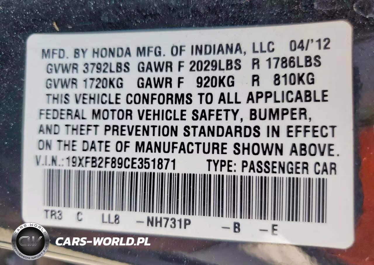 2012 Honda Civic Ex VIN:19XFB2F89CE351871 - 12