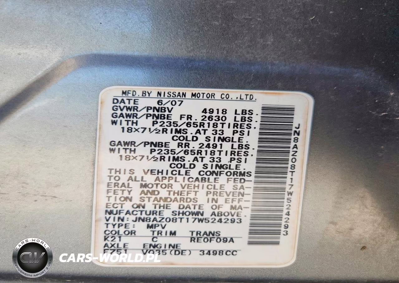 2007 Nissan Murano S VIN:JN8AZ08T17W524293 - 14