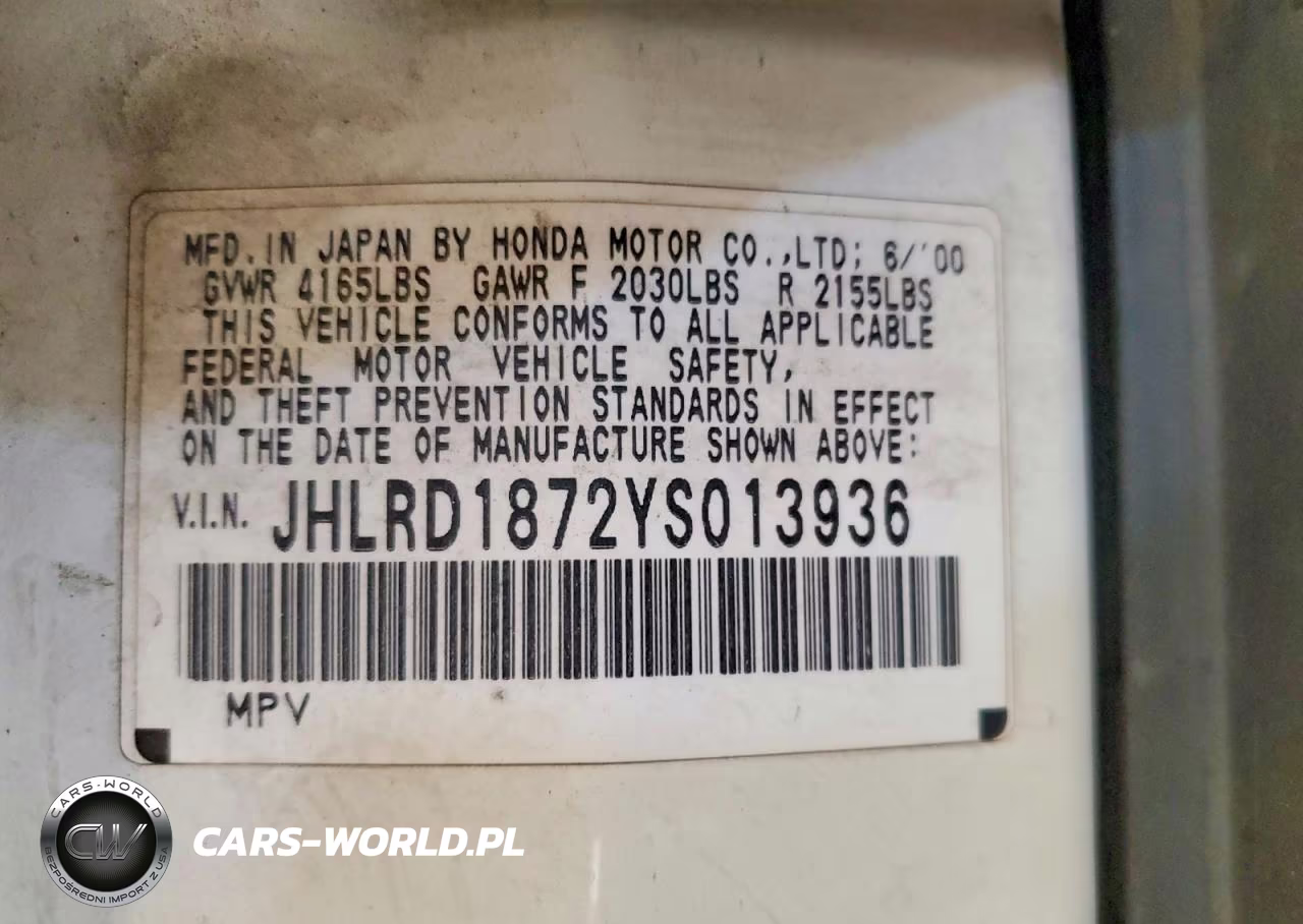 2000 Honda Cr-V Se VIN:JHLRD1872YS013936 - 12