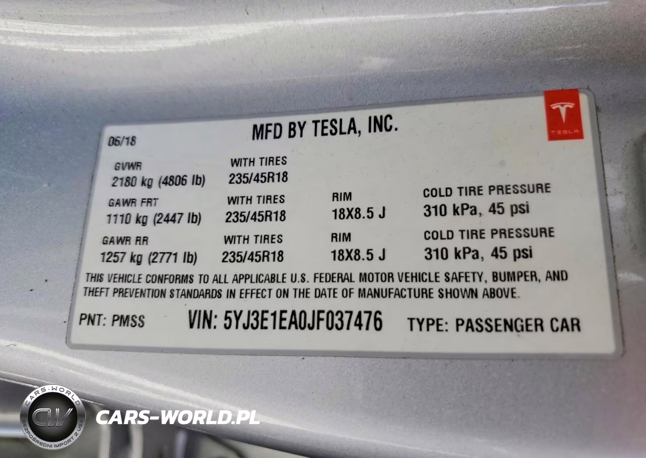 2018 Tesla Model 3 VIN:5YJ3E1EA0JF037476 - 12