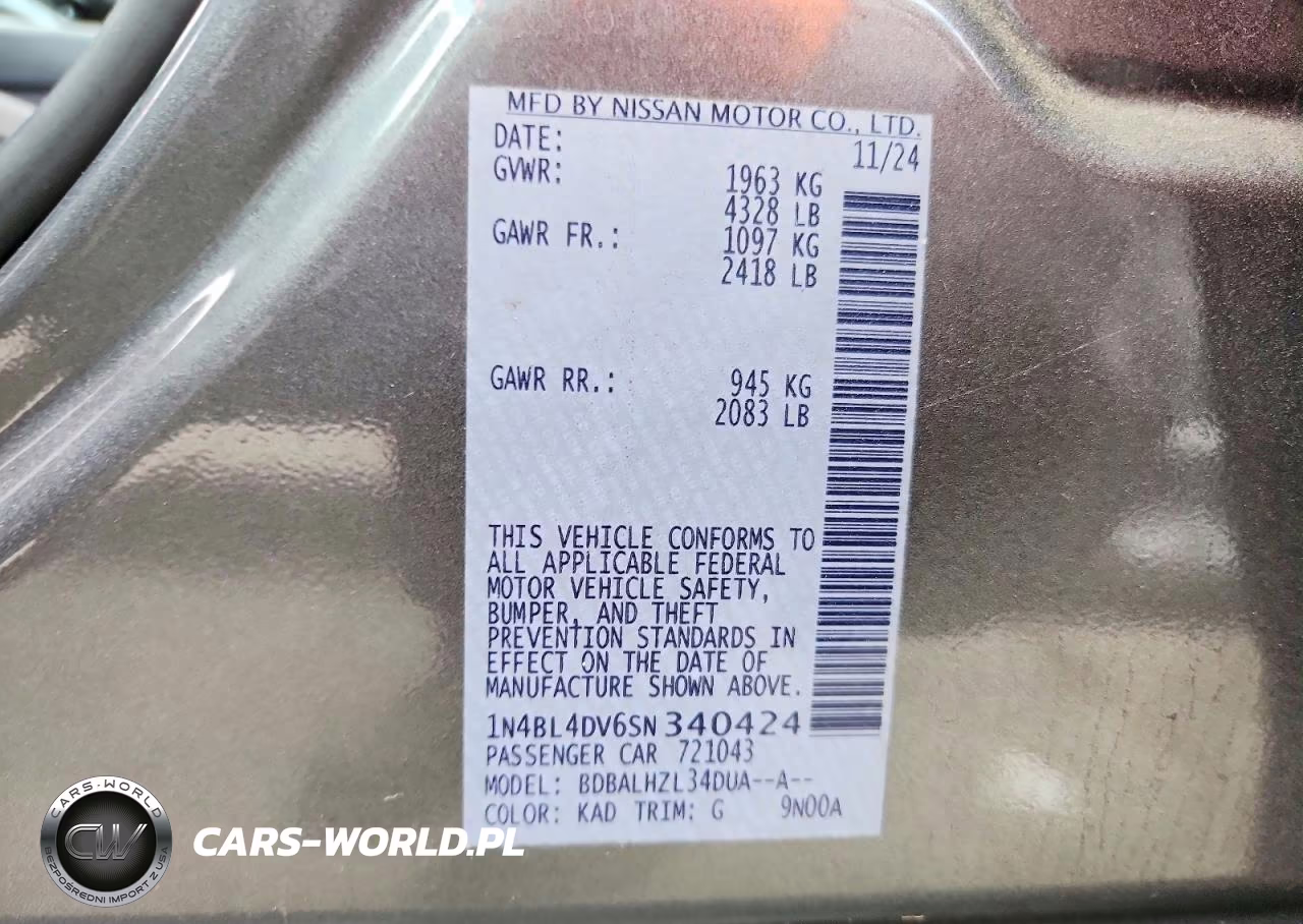 2025 Nissan Altima Sv VIN:1N4BL4DV6SN340424 - 12