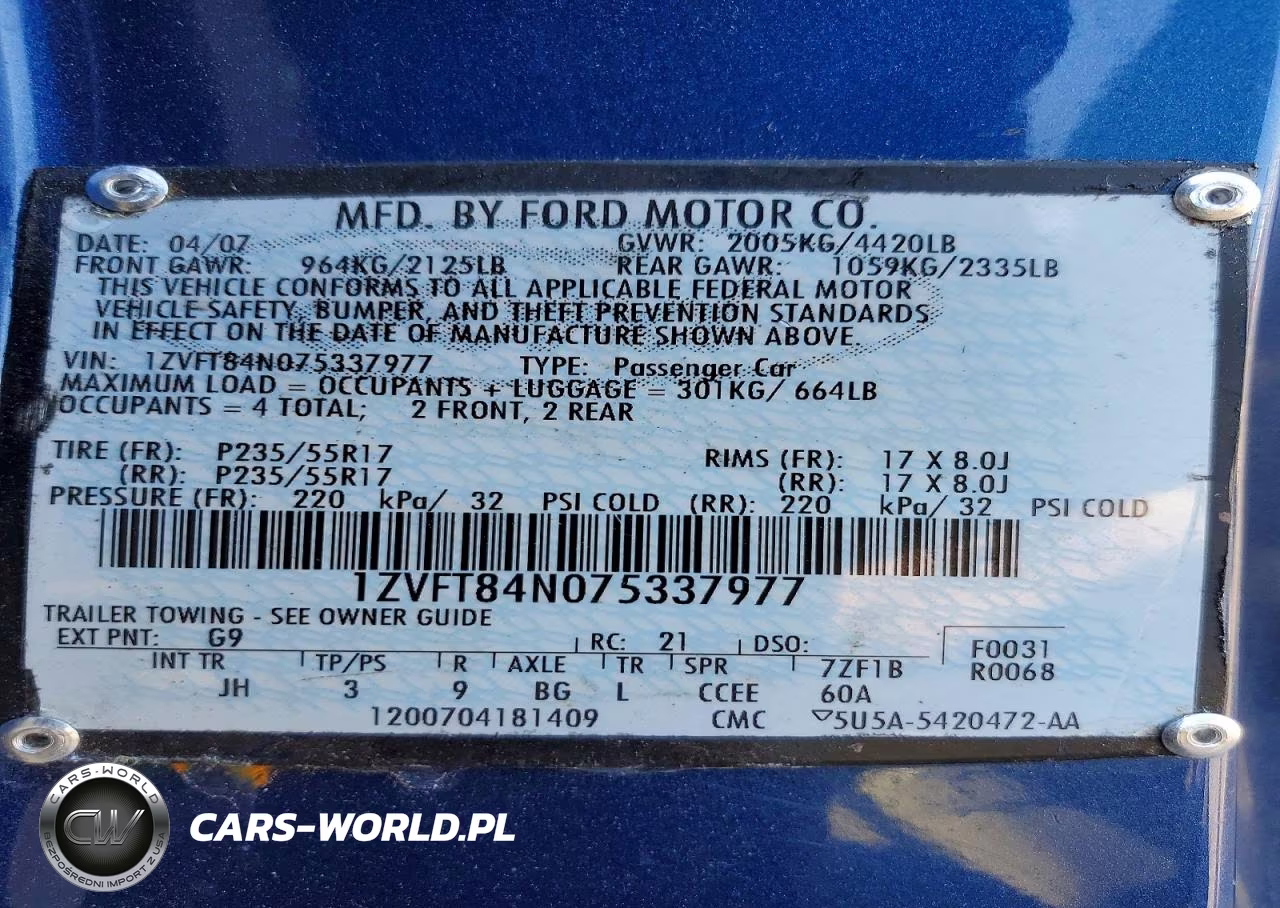 2007 Ford Mustang VIN:1ZVFT84N075337977 - 12