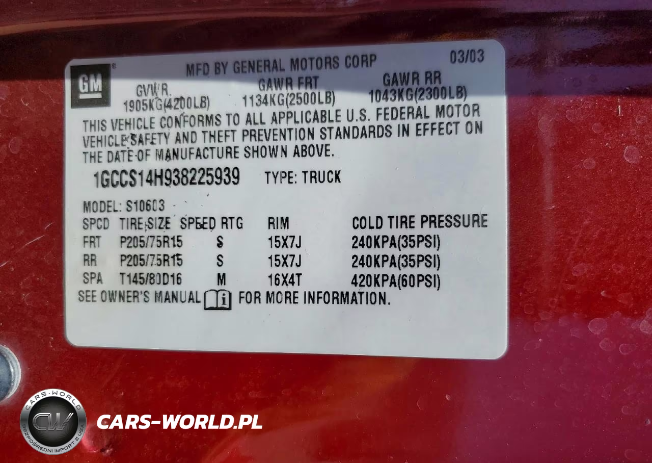 2003 Chevrolet S Truck S10 VIN:1GCCS14H938225939 - 12