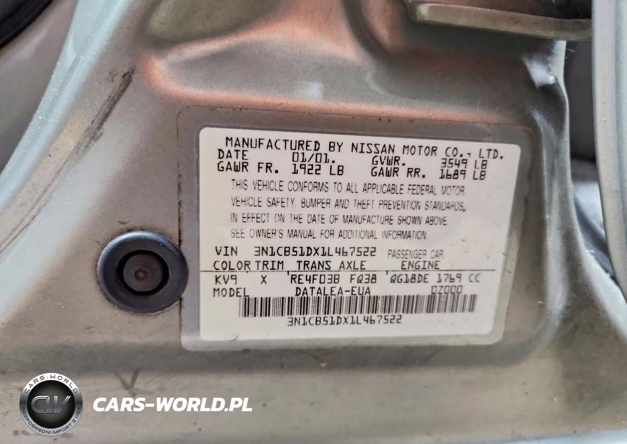 2001 Nissan Sentra Xe VIN:3N1CB51DX1L467522 - 12