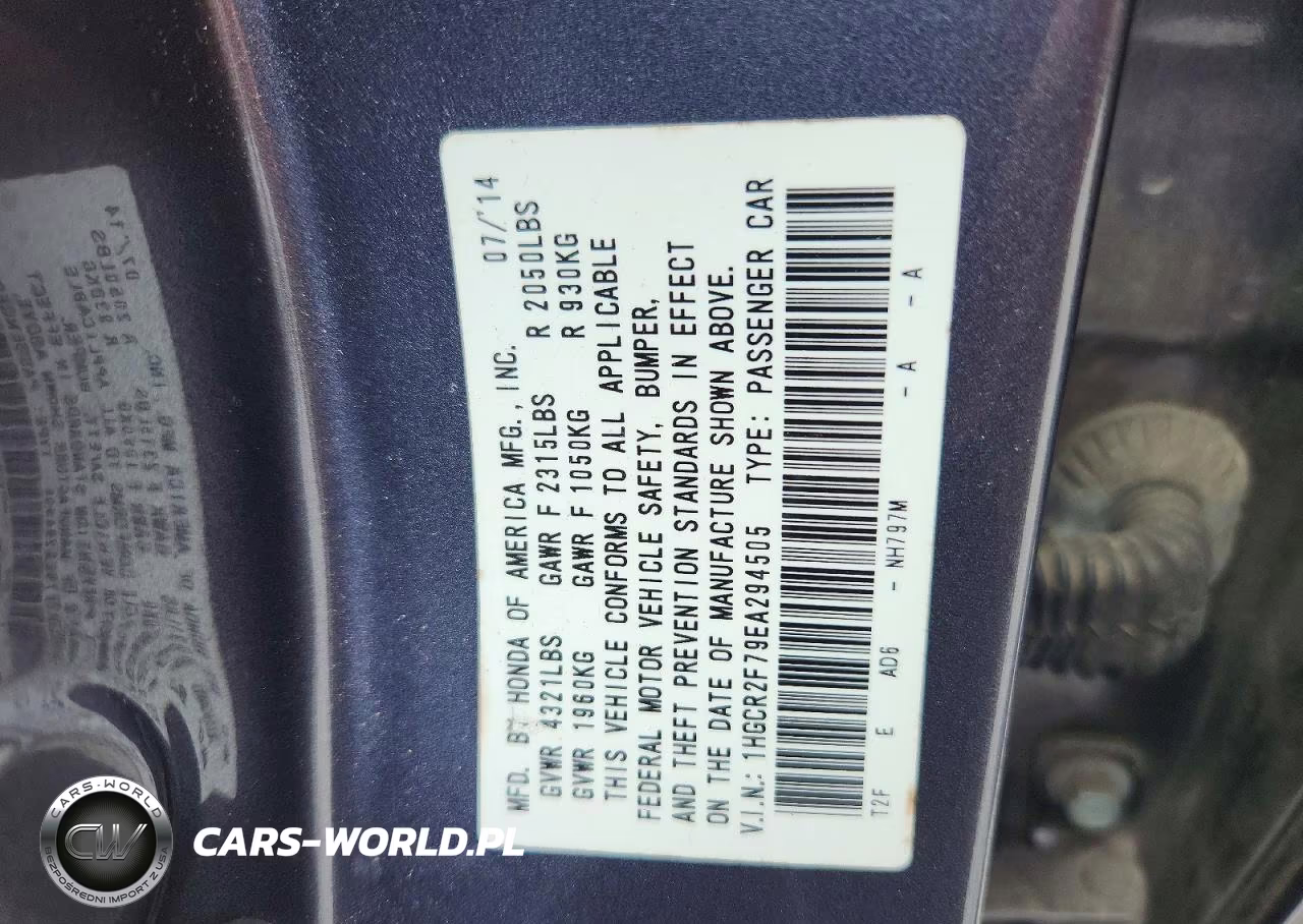 2014 Honda Accord Ex VIN:1HGCR2F79EA294505 - 12